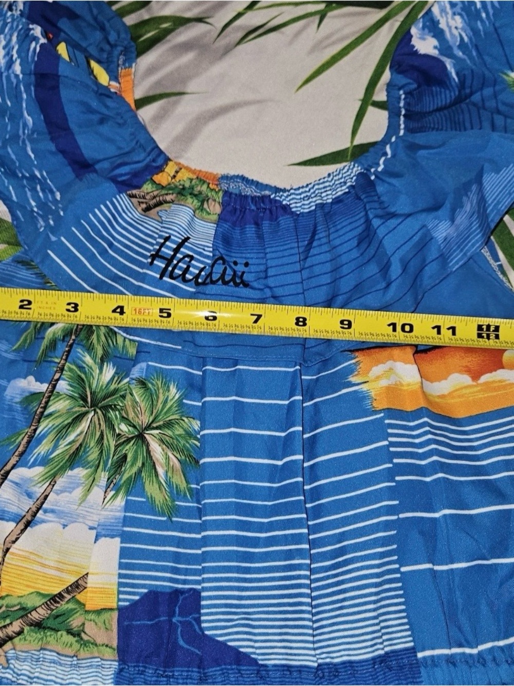 Vintage 70s Shoreline Hawaii Blue Tropical Off Shoulder Ruffle Midi Dress SMALL - Picture 5 of 7